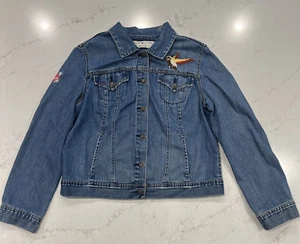 Tommy Hilfiger Jean Denim Jacket Womens Sz L Distressed Embroidered Bird Heart - Picture 1 of 14