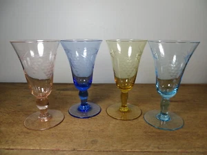 Vintage Etched Sherry Port Glasses Set of 4 in Blues Pink And Amber in Exc. Cond - Picture 1 of 12