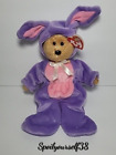 Ty Beanie "Cashew" Bear With Purple Rabbit Suit Brown Plush Stuffed Animal 9"
