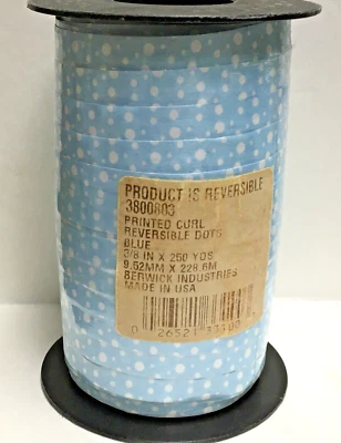 REVERSIBLE 250 YDS x 3/8"  CURL BLUE PRINTED RIBBON MADE IN USA SEALED - Image 1 of 2