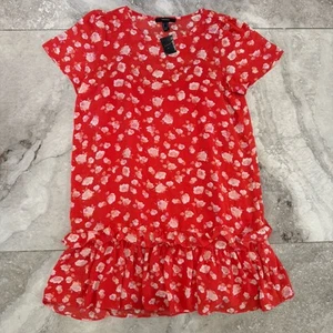 Forever 21 Floral Orange Dress Short Sleeve Slip Lined Ruffle Trim Size Medium - Picture 1 of 7
