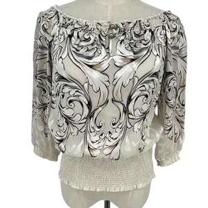 White House Black Market schulterfreie Bluse Barockmuster gesmokte Taille Damen S - Bild 1 von 8