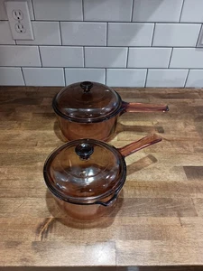 VINTAGE CORNING VISION WARE VISIONS BERNSTEINFARBEN 1 L & 1,5 L GLAS SÜSSENTÖPFE AUSGIESSER DECKEL - Bild 1 von 8
