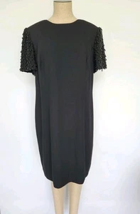 Donna Morgan Black Elegant Shift Dress Beaded Short Sleeves Sz 16WP -EXC - Picture 1 of 9
