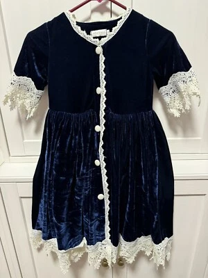 Trish Scully Dress Girls 8 Rosalina Blue Velvet White Lace Button Front NEW - Image 1 of 3