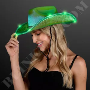 Unisex LED Cowboy Cowgirl Hut GRÜN irisierend mit GRÜN blinkender LED-Krempe SPASS! - Bild 1 von 9