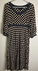 Boden Size 14 Brown Navy White Polka Dot Spot Dress Fit Flare Midi 3/4 Sleeve - Picture 1 of 10