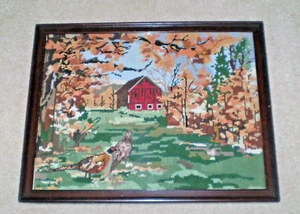 Vintage Handmade Framed Autumn Barn Farm Scene Needlepoint Picture - Picture 1 of 2
