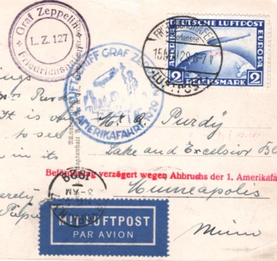 GERMANY Postcard GRAF ZEPPELIN 2m Blue Air Mail *1.AMERIKAFAHRT* 1929 USA KZ156 - Image 1 of 4