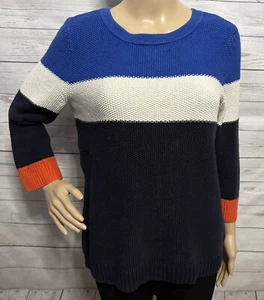 Talbots Pullover mittelblau weiß marine orange weit gestreift 100% Baumwolle Reißverschluss hinten - Bild 1 von 14