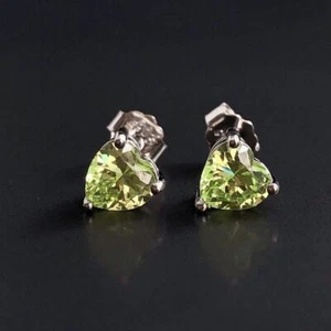 Heart Cut Natural 2Ct Green Peridot Women's Stud Earrings 14K White Gold Finish - Picture 1 of 3