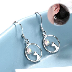 Stud Earrings Womens Girl Xmas Jewellery Gift Silver Plated Moon Cat Stone - Picture 1 of 11