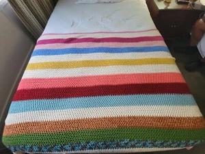 Vintage Crochet Afghan 70s Striped Lap Blanket Handmade Throw Approx 46” X 76” - Picture 1 of 7