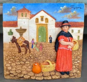 LARGE VINTAGE 10” BAS RELIEF MEXICAN TILE SIGNED LOPEZ - Picture 1 of 6