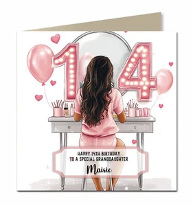 14th Birthday Card Girls, Granddaughter, Daughter, Black hair, Personalised F35 - Picture 1 of 4