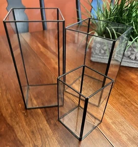 Set of 3 Hurricane Candle Holder for Pillar Candles Black Metal Centerpieces - Picture 1 of 5
