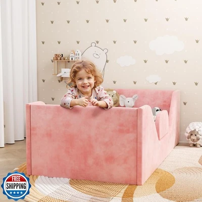 SOFTLYNICE Cama para niños pequeños, Marco de cama de piso para niños pequeños con rieles protectores, Cama pequeña f Foto 1 de 4