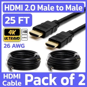 2 Pack HDMI to HDMI Cable 25 FT HDMI 2.0 Cord 4K 1080p PC TV Nintendo PS4/5 XBOX - Picture 1 of 5