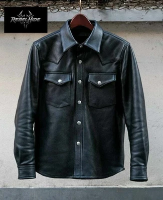 Men’s Black Western Leather Shirt Jacket Genuine Lambskin Slim Fit - Image 1 of 3