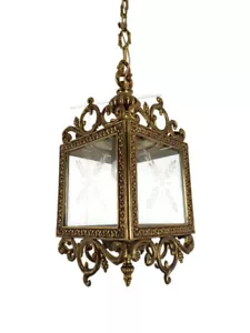 Hallenlampe Kronleuchter geätztes Glas Vintage Hängeleuchte Deckenmessing - Bild 1 von 11