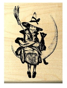 P6 Halloween witch on moon with cat rubber stamp WM 3x2" - Picture 1 of 3