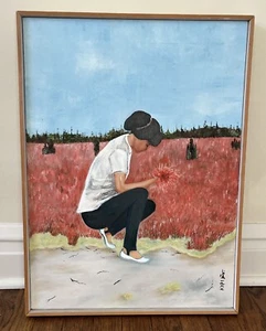 Pittura asiatica vintage fiori di kochia donna giapponese? Spiaggia rossa cinese Panjin? - Foto 1 di 24