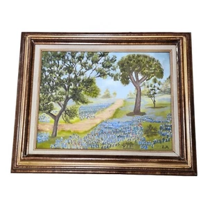 Vintage Framed Bluebonnets Oil Painting Signed Naive Artwork - Picture 1 of 6