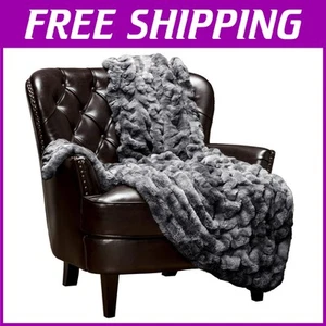 Plush Reversible Mink Blanket - Heavyweight Faux Fur Throw 50" x 65" - Dark Gray - Picture 1 of 4
