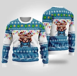 Funny Highland Cows In Cart Ugly Christmas Sweater - Picture 1 of 4