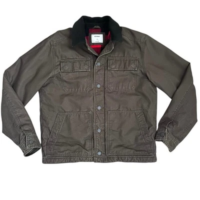 Old Navy Men M Barn Chore Coat Flannel Lined Green Canvas Jacket Corduroy Collar - Image 1 of 4