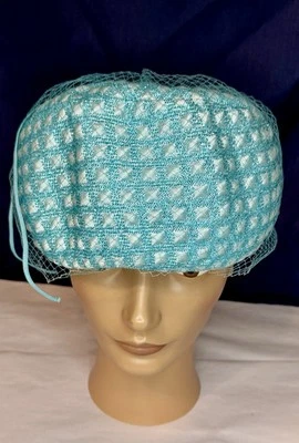 Vintage Aqua Blue And Pearl Pillbox Hat With Net Ribbon Easter - Image 1 of 4