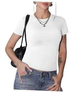Womens Basic T Shirts Crew Neck Short Sleeve Slim Fitted Tees Y2K Cute Trendy - Picture 1 of 5
