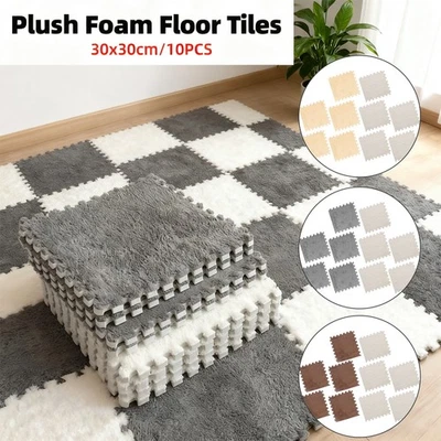 Foam Floor Mats 10PCS Shaggy Interlocking Tiles Soft Kids Room Play Areas Puzzle - image 1 of 4