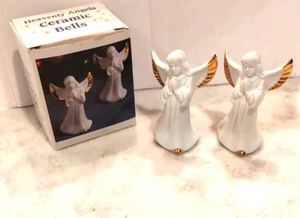 Heavenly Angels Ceramic Bells White & Gold w/ Box Giftco Set of 2 - Picture 1 of 9