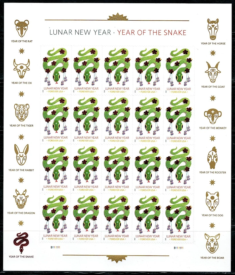 Mint US Lunar New Year: Snake Pane of 20 Forever Stamps Scott# 5952 (MNH) - Image 1 of 1