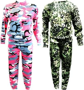 Girls Tracksuit Camouflage Top Green Army Leggings Set Kids Loungewear Outfit - Picture 1 of 5