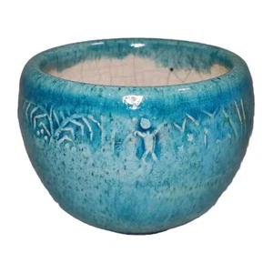 Raku Pottery Bowl Blue Small Symbols Incised Signed Rustic Decor Trinket Planter - Picture 1 of 11