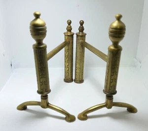 Antique Brass Andirons Fire Dogs with Intricate Detailing - Picture 1 of 6