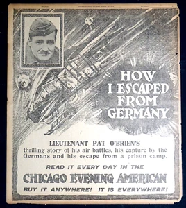 "Pagina giornale 1918 - tenente prima guerra mondiale Pat O'Brien ""Come sono fuggito dalla Germania" - Foto 1 di 1