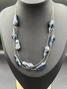 Double Strand Silver Tone Blue Glass Beaded Necklace 16-18” - Picture 1 of 9