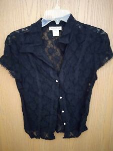 VTG Carol Rose Sheer Black Lace Button Up Blouse Size Large