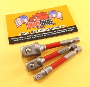 Drill Hog® Socket Adapter Set Hex Shank 1/4", 3/8", 1/2", Impact Driver M7 Red - Picture 1 of 5