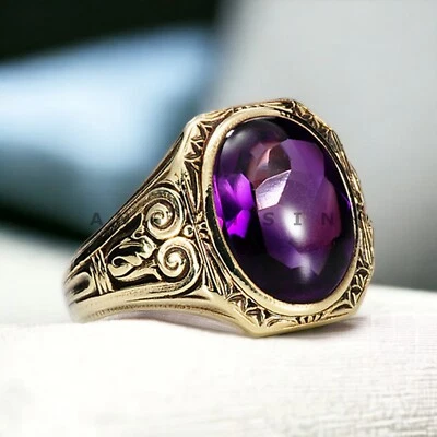 紫水晶宝石 925 纯银镀金戒指 男式 #AL103 — 第 1/4 张图片