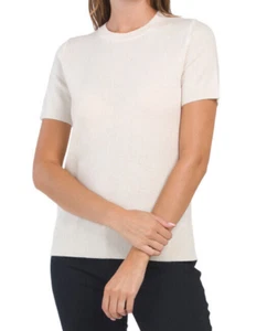 Maglione girocollo manica corta 100% cashmere avorio Theory Tolleree $260 nuovo con etichette taglia M - Foto 1 di 7