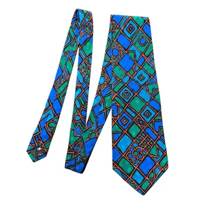 Vintage 1980s Silk Tie Serica for Cedrics Blue Green Red Abstract Men’s 57” - Picture 1 of 5