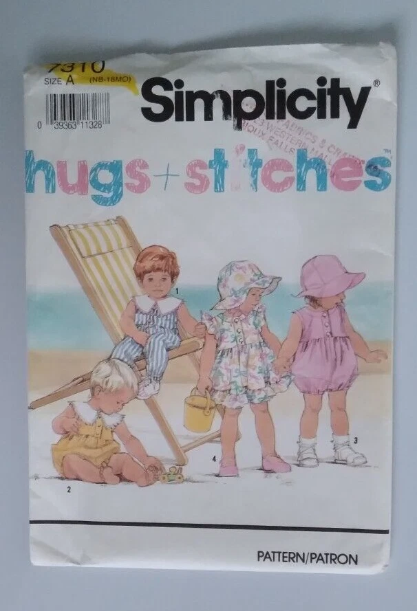SIMPLICITY #7310 GIRLS SIZES NB - 18MOS DRESS ROMPER & HAT PATTERN UNCUT - Image 1 of 4