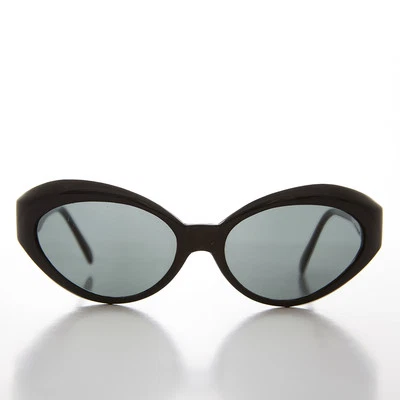 Black Frame Curved Cat Eye Sunglass 90s Retro with Glass Lens - Flo - Image 1 of 3
