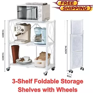 3 Tier Folding Storage Rack Heavy Duty Metal Bookshelf Shelving Unit with Wheels - Picture 1 of 6