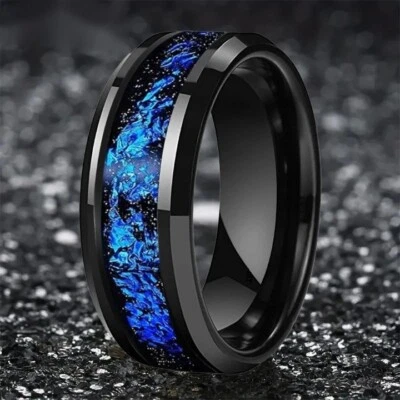 8 毫米男式女式硬质合金戒指蓝色箔镶嵌钨舒适贴合戒指 — 第 1/4 张图片