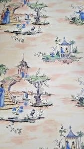 Asian Chinoiserie, Butter Yellow with multi color Pagodas & People - Picture 1 of 5